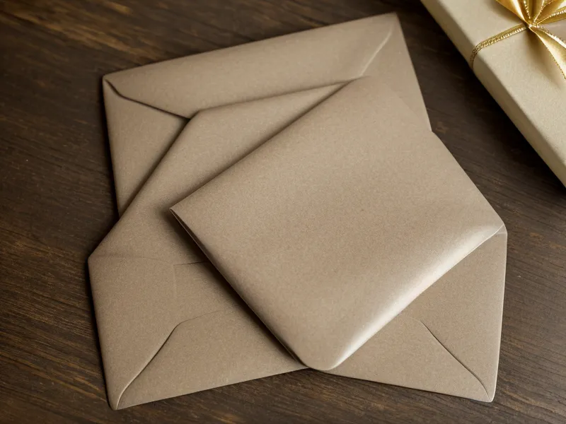 A close-up of empty gift card envelopes on a wooden desk.
