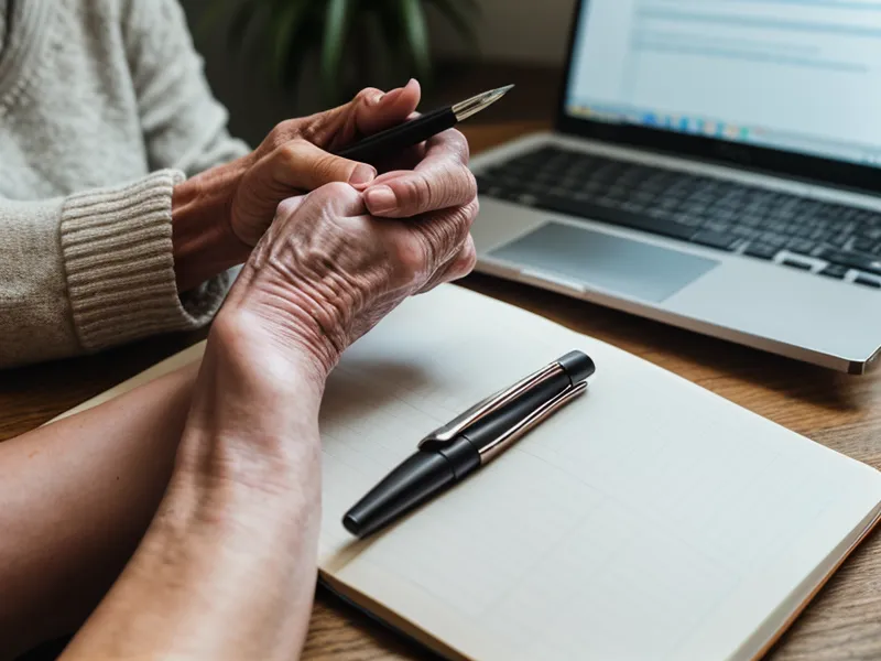 An older person's hand next to a laptop, transitioning from paper passwords to digital.