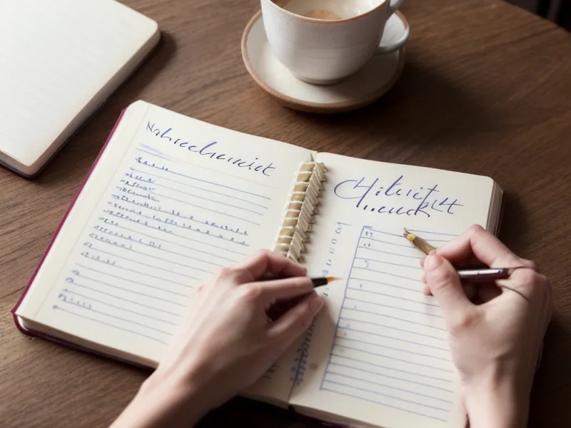 A handwritten identity protection checklist in a spiral notebook with a pen.