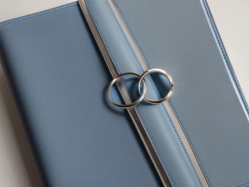 Close-up of a blue binder with handwritten tabs for credit bureaus and fraud paperwork.