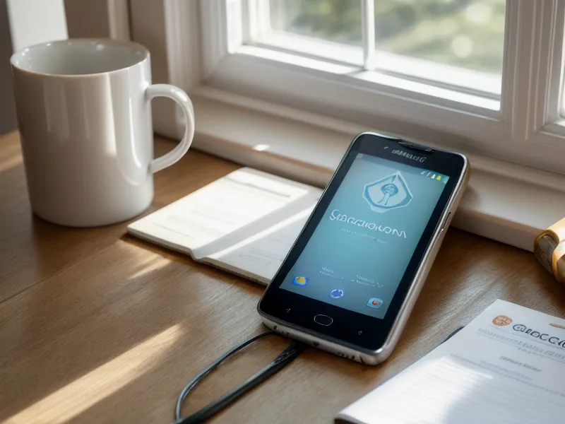 A smartphone displaying a security alert next to a pair of glasses on a wooden table.