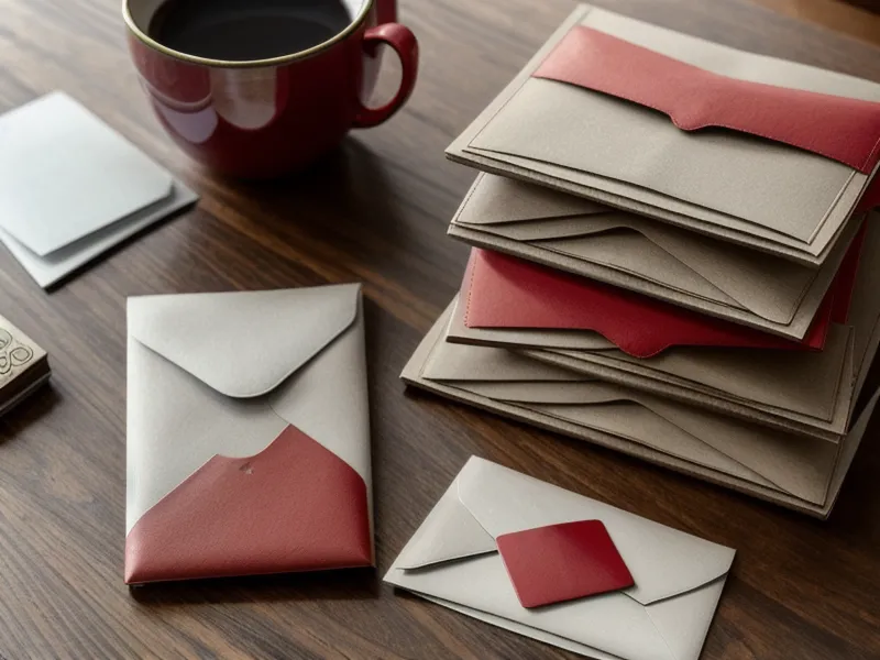 A stack of certified mail envelopes and a calculator on a wooden table