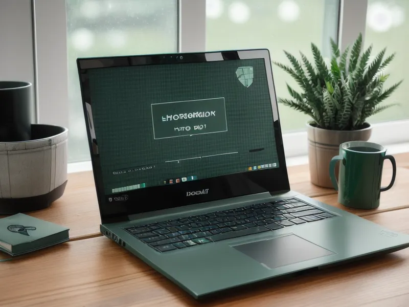 A laptop showing a security dashboard next to a family security folder