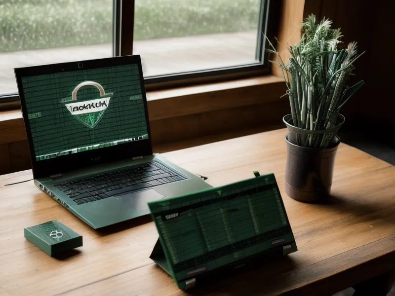 A laptop showing a security dashboard on a desk with glasses and a notepad.