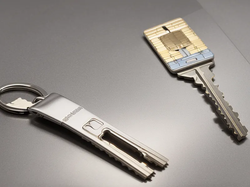 A credit card and house keys sitting on a kitchen counter in soft light