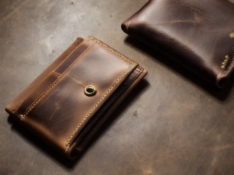 An empty open leather wallet sitting on a wooden kitchen table