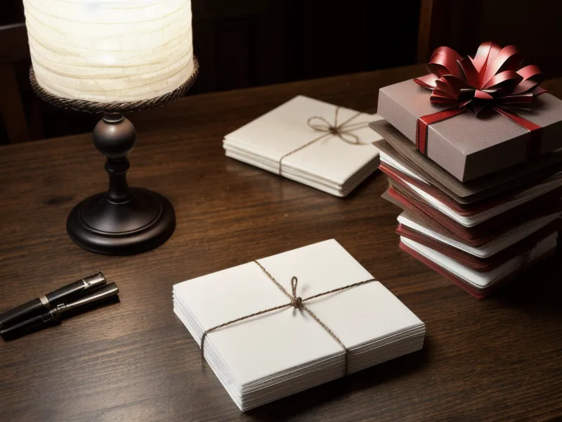A stack of empty gift card sleeves on a table with reading glasses.