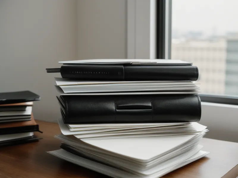 An organized home office desk with folders and a laptop in morning light.