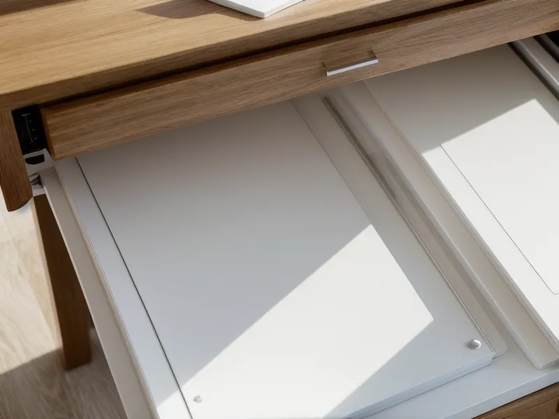 A thick white binder being filed away in a wooden desk drawer.