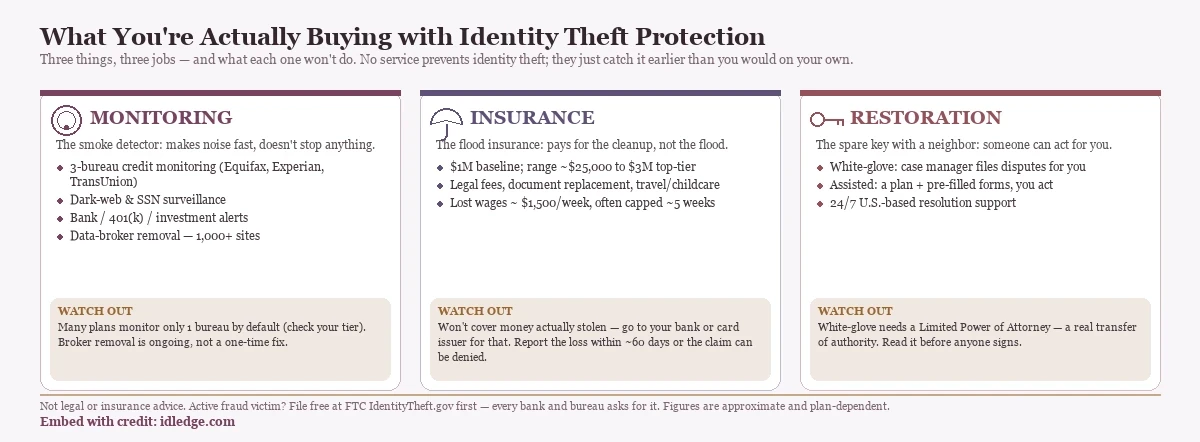 A three-pillar breakdown of what identity theft protection actually buys you: Monitoring, Insurance and Restoration, with each pillar's job and its catch. Monitoring (the smoke detector) covers 3-bureau credit monitoring, dark-web and SSN surveillance, financial-account alerts and data-broker removal across 1,000-plus sites — but many plans monitor only one bureau by default and broker removal is ongoing. Insurance (the flood insurance) offers a $1 million baseline, roughly $25,000 to $3 million range, covering legal fees, document replacement, travel and childcare and lost wages around $1,500 per week capped near five weeks — but it will not cover money actually stolen (that is your bank or card issuer), and losses must be reported within about 60 days. Restoration (the spare key) ranges from white-glove case managers to assisted self-service and 24/7 support — white-glove requires a Limited Power of Attorney. No service prevents identity theft; they catch it earlier.